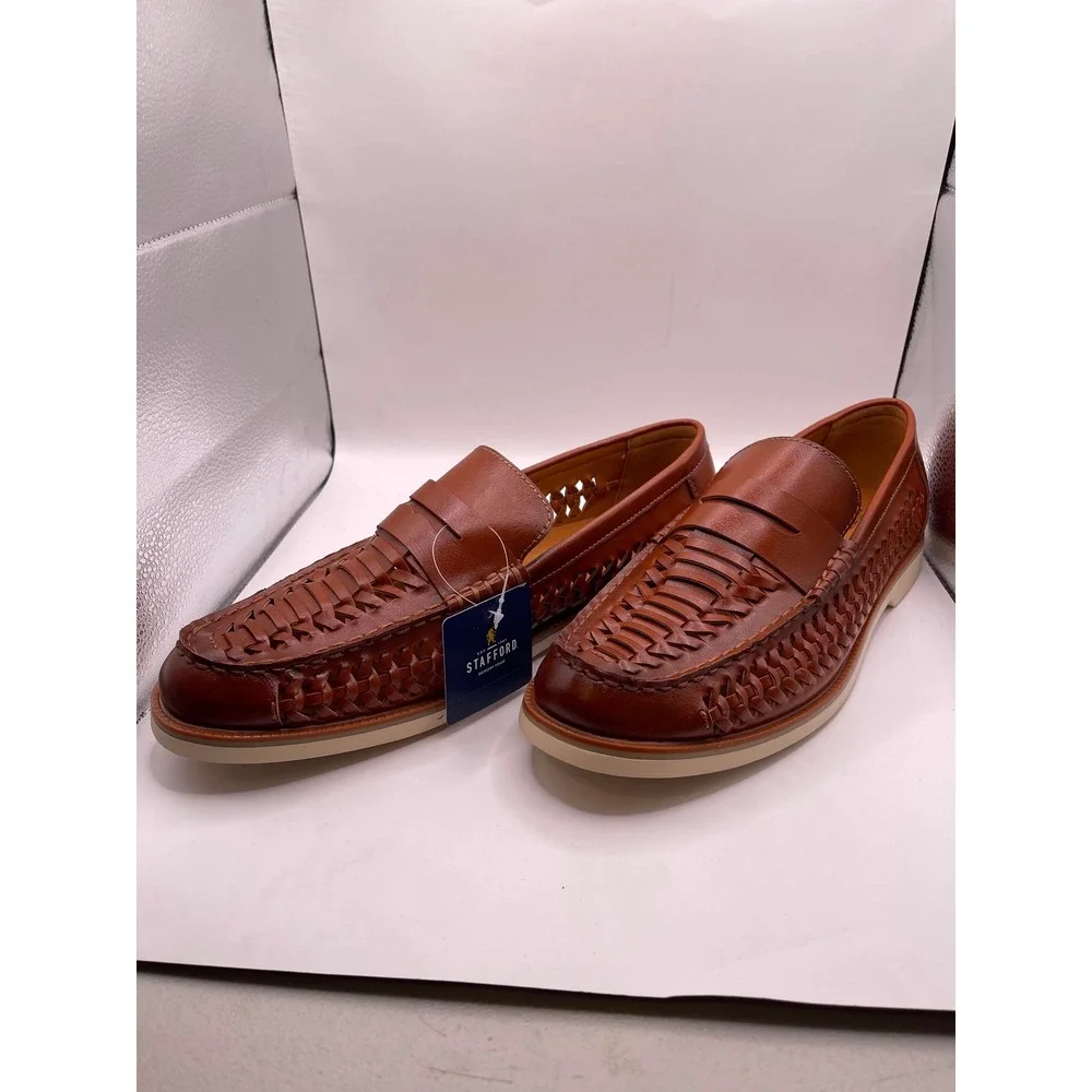 Stafford Barolo Cognac Woven Penny Loafers Mens 10 M Memory Foam Slip On Shoes